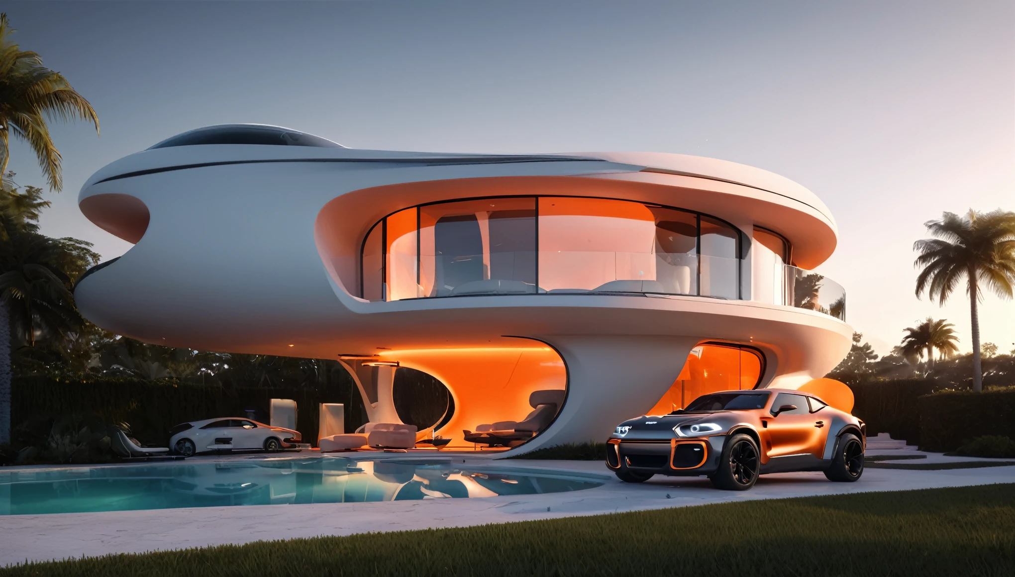 a futuristic house with an orange jeep wrangler parked in front of it, cgsocietywlop, beautiful curves, intricate devilish designs, qualia, interesting shapes & form, wow factor,  bioluminescent, colorfull, glow, fluid, glowingelaborate polished, architectural rendering, miami, orange soft lighting in interior of house, futuristic battlefield, inspired by James E. Brewton, precise architectural rendering