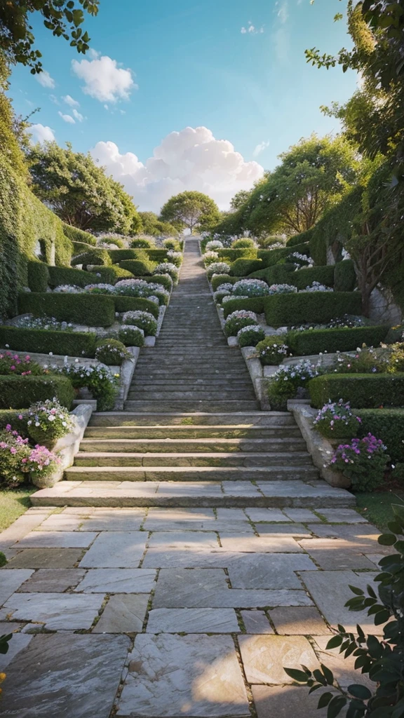 Complex painting, stunning, very beautiful sunny position, white steps to the sea, jasmine bushes, bright landscape, fantastically beautiful stone, decorated with insanely beautiful bright picturesque composition, beautiful palette of colors, close-up, botany style, abstraction, fantasy style, romantic style, style, style, combination with the Sunny  sky, very beautiful, shadows, good reflex, 3D rendering, fantastic, hyperrealistic, very beautiful landscape. cool, 1.5, masterpiece 5, oil paintin