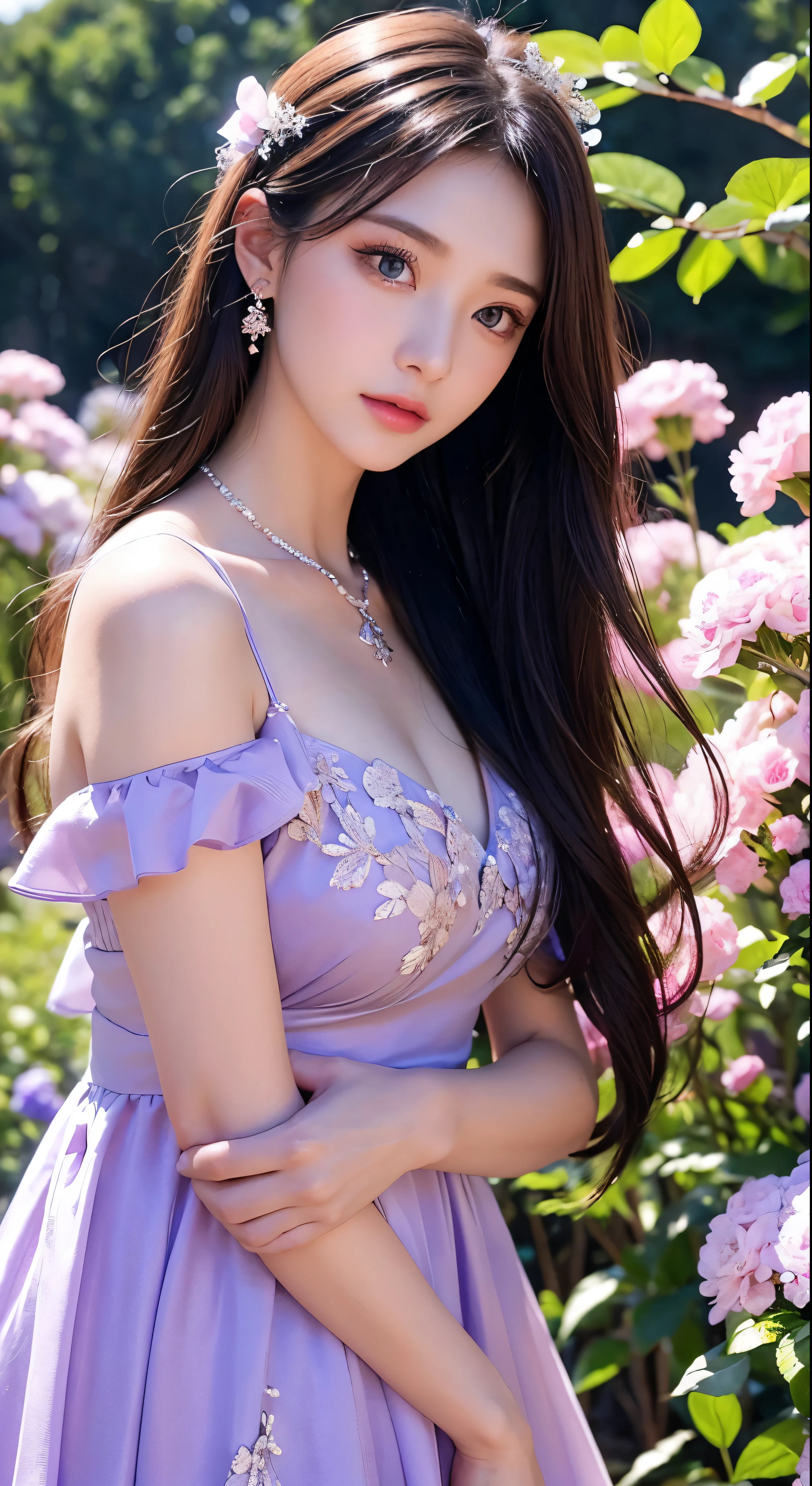 with high definition images，Beautiful girls、Hair over the shoulder、Clear Eyes、Smooth Hair、Exquisite and perfect facial features、Beautiful woman in purple dress，Facial details，The most beautiful big eyes、Long eyelashes、Sweet eyes of a lying silkworm、Dynamic angle、Ultimate image quality、Highest precision、Accurate and perfect 、necklace、Close-up、Outdoor、Background is flowers and plants、Long Shot、Full body high quality images