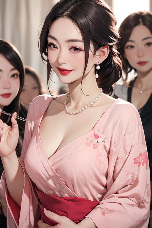 Beautiful mature Japanese woman aged 55, One woman, Married women, Long eyelashes, Low Ponytail, Hair fluttering, Red lipstick, Pink Cheeks, Pearl Necklace, Earrings, Dark eyeshadow, Cleavage, Colorful one-piece dress, Beautiful body, Beautiful smile, Focus on the whole body