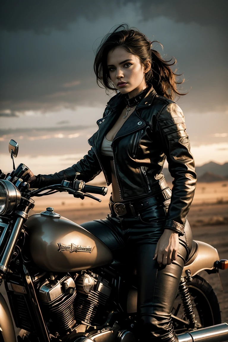 (masterpiece:1.2, best quality), female biker. riding a harley davidson, bike, armed and dangerous. mad max fashion style. desert apocalypse background, cinematic lighting.