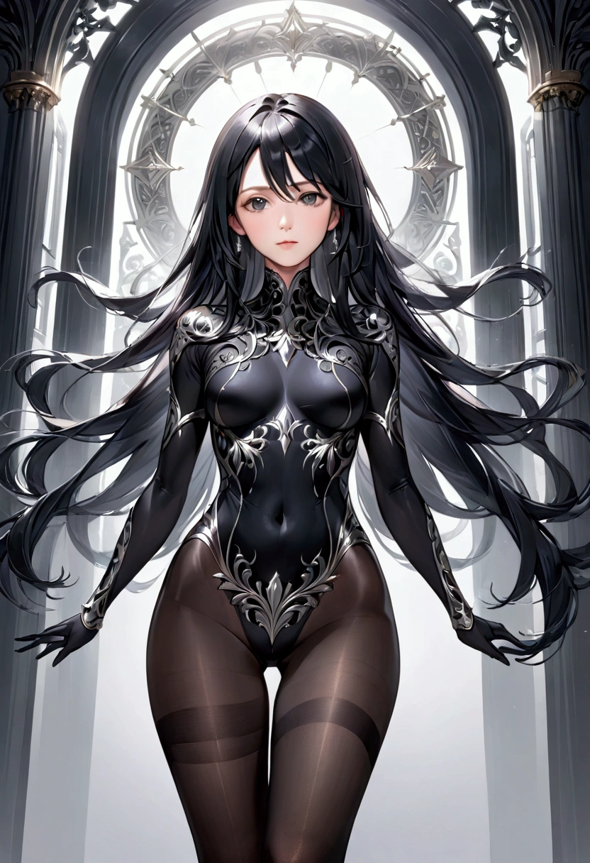 Mature Girl with long black hair with silver highlight, dark onyx eyes,tall rectangular body figure,pantyshot