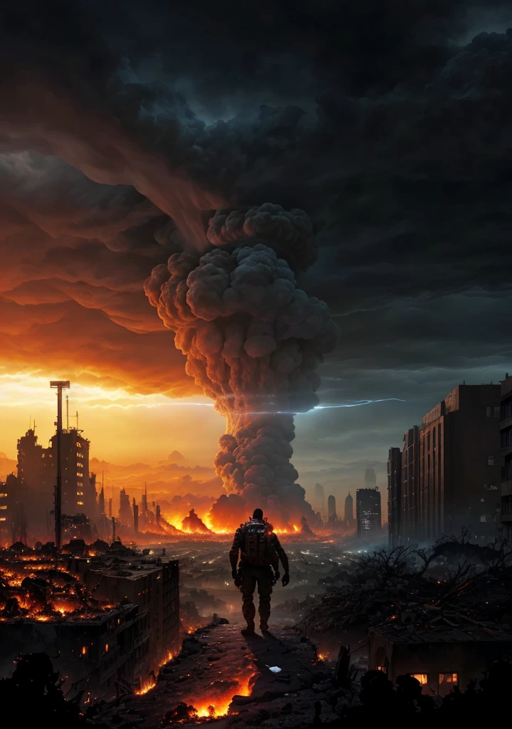 Arafad image of a man walking on a city street, Armageddon background, Realistic apocalyptic war scenario, Doomsday scenario, apocalyptic atmosphere, apocalyptic art, Ominous apocalyptic background, apocalyptic city backround, ( apocalyptic ) 8K, Armageddon 8K, Armageddon 8K, post apocalyptic atmosphere, Doomsday setting, apocalyptic environment, apocalyptic scenery, The apocalyptic city, Armageddontic events,Armageddon,Destroy the world,Environmental damage,Ruined city,the fire,deathia,Nuclear explosion