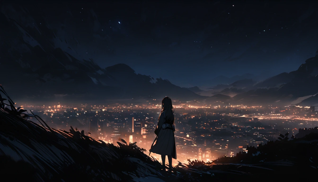 night scene, on the hill, looking down the city