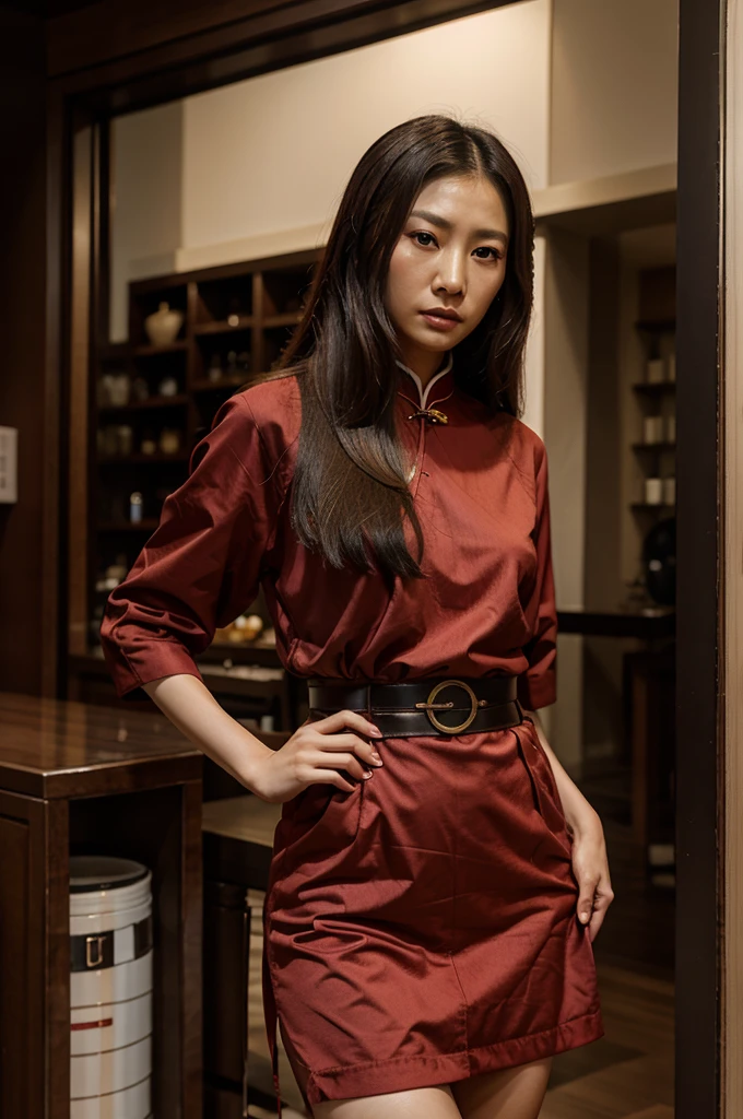 Chinese mistress holding belt,Expression of disdain