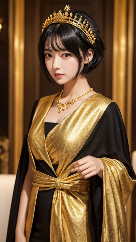 goddess　Black Hair　short hair　crown　accessories　Golden suit