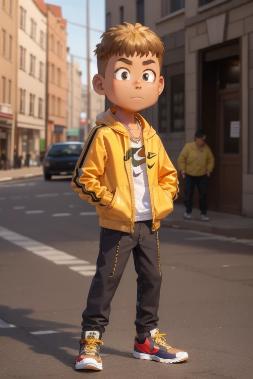 Ken from the street fitghter in hip hop style wearing gold chain Nike sneakers around his neck with several euro notes 
