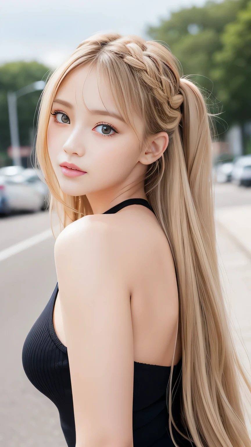 Sexy Big 、Sexy cute looks and cute 15 year old beautiful girl, beautiful and sexy face、A strong wind blows my hair in front of my face、beautiful long blonde French braided hair、beautiful, Cute and sexy eyes hidden behind long bangs