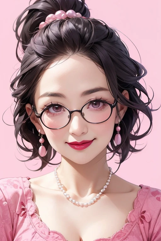 Beautiful mature Japanese woman aged 55, One woman, Married women, Long eyelashes, Low Ponytail, Hair fluttering, Red lipstick, Pink Cheeks, Pearl Necklace, Earrings, Dark eyeshadow, Cleavage, Colorful one-piece dress, Beautiful body, Beautiful smile, wear glasses, Pink Background, Focus on the whole body