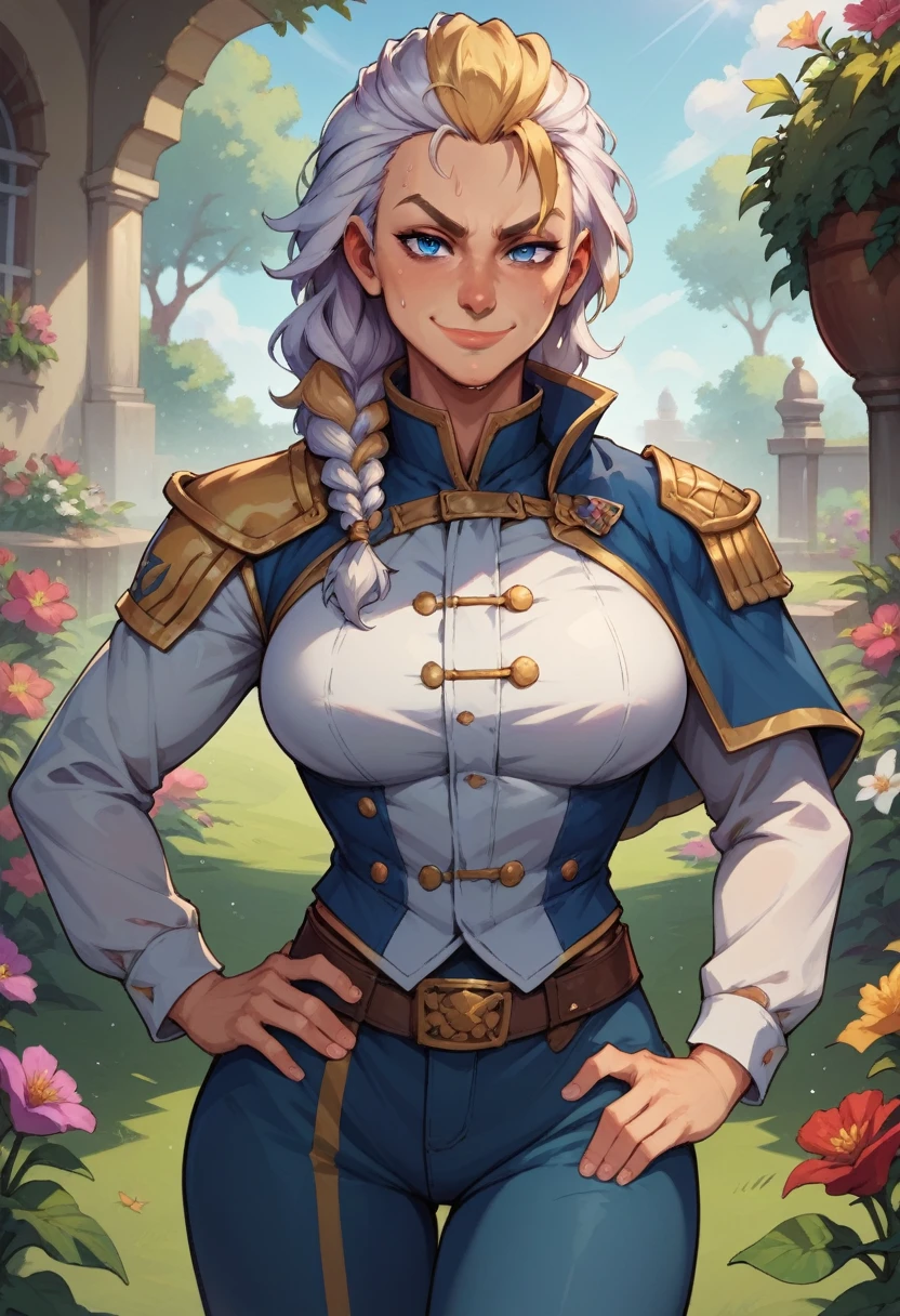 score_9, score_8_up, score_7_up, score_6_up, BREAK jaina proudmoore, big breasts, smirk,one hand on hip, sweating, in a flower garden, looking at viewer