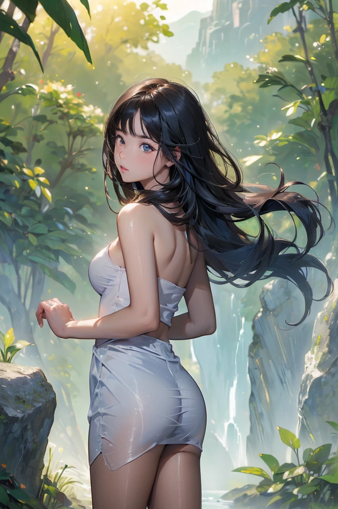 (masterpiece, Best Quality, high quality, High resolution:1.4), detailed, Extremely detailed, Soft ambient lighting, 4k,blurred, blurred Background, depth of field, bokeh, Degrees of freedom, fog, bloom, outdoor, (nature, bosque tropical:1.2), (rocks:1.2), mountains, waterfall,