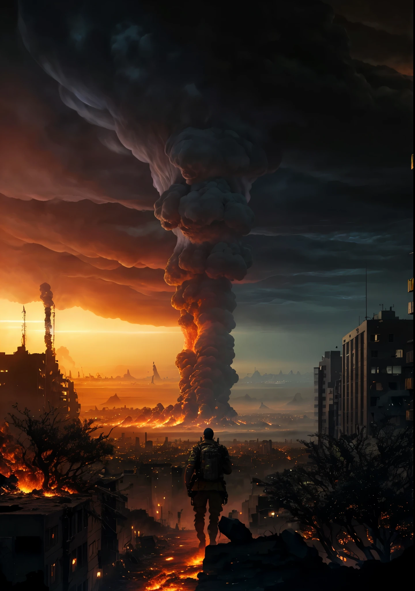 Arafad image of a man walking on a city street, Armageddon background, Realistic apocalyptic war scenario, Doomsday scenario, apocalyptic atmosphere, apocalyptic art, Ominous apocalyptic background, apocalyptic city backround, ( apocalyptic ) 8K, Armageddon 8K, Armageddon 8K, post apocalyptic atmosphere, Doomsday setting, apocalyptic environment, apocalyptic scenery, The apocalyptic city, Armageddontic events，Armageddon，Destroy the world，Environmental damage，Ruined city，the fire，deathia，Nuclear explosion