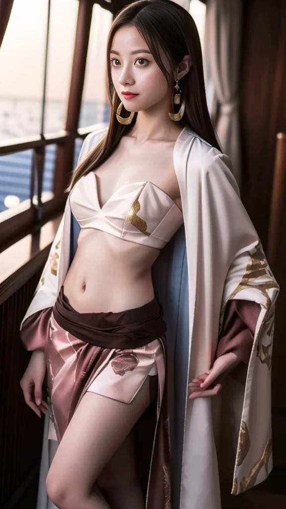 Moisturized skin, (Pink and bright eyes), (Looking down on people), Perfect body,
BREAK,
(Beautiful navel), (Side slit), (Epaulets), Cape, Crop top, Cloak,
BREAK,
(Super long hair), (Large gold and curved earrings: 1.2),
BREAK,
(((Masterpiece + Best quality + High resolution + Very detailed))), (Full body: 1.2), Symmetrical, One shot,
BREAK,
(On the ship: 1.3),
BREAK,
(ONE PIECE), (Hashimoto Kanna: 1.4), (Boa Hancock: 1.3), ((Large snake)),