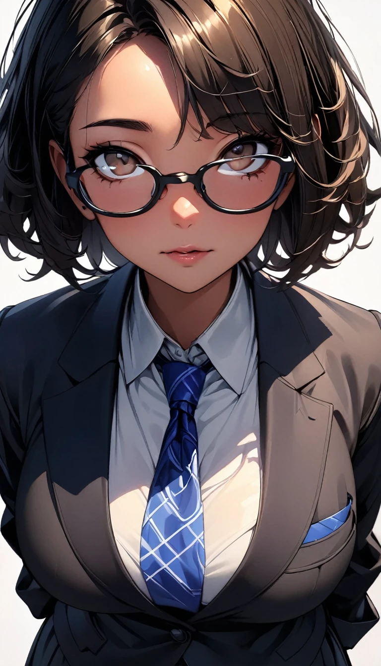 (highest quality:1.2, Very detailed, up to date, Vibrant, Ultra-high resolution, High Contrast, masterpiece:1.2, highest quality, Best aesthetics), Portraiture、girl、solo, ((25-years-old:1)), Bright colors、Beautiful fine details、Beautiful lip detail, short hair、black hair, ((Long bangs:1)), (messy hair:1), brown eyes, (thick black frame glasses:1.3), suit, looking up, ((slim body:0.6)), (big breast:0.7), (dark skin:0.5), (white background:1.5), ((no background)),  (cowboy shot:1.6),facing viewer, POV
