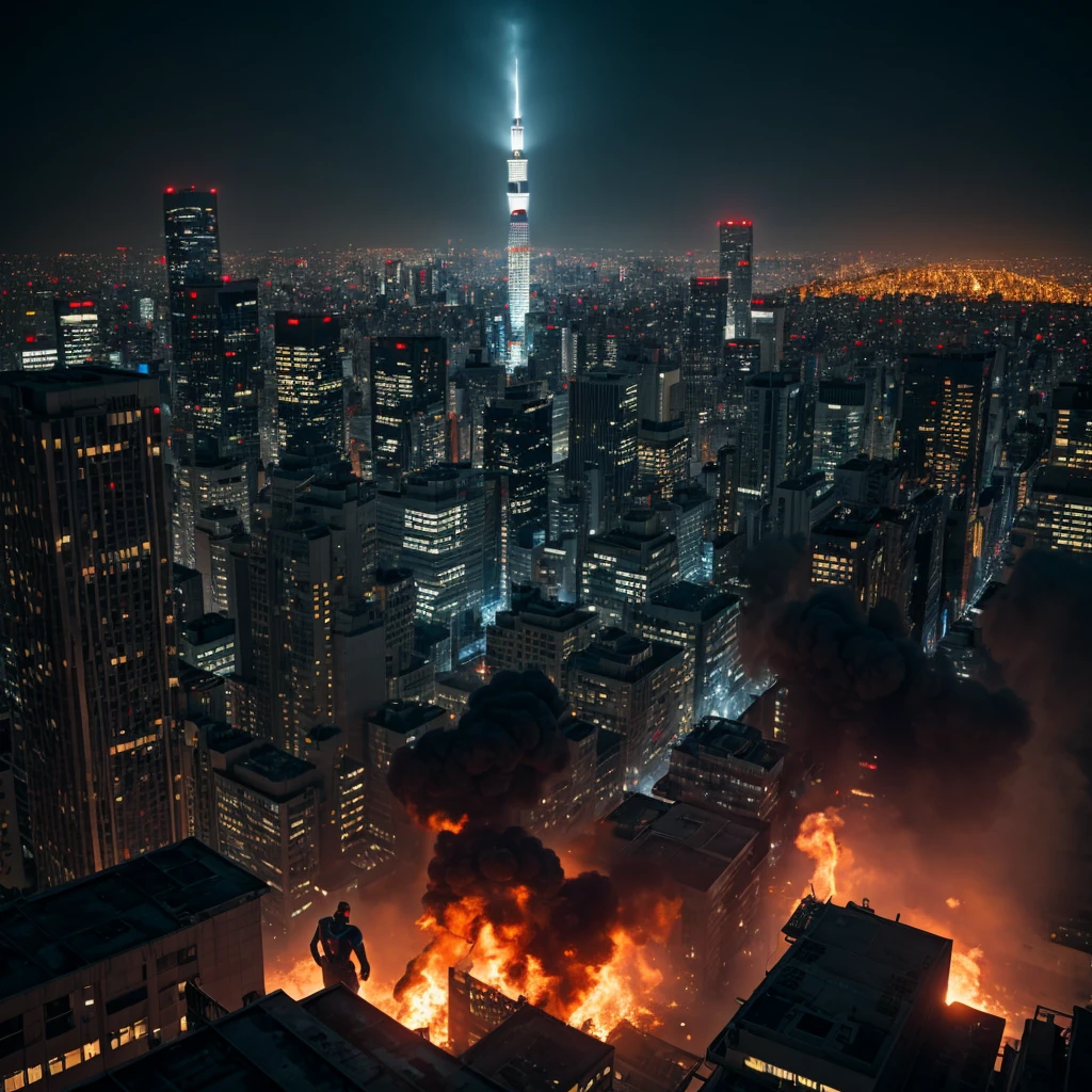 a team of superhero avengers,highly detailed character designs,epic battle scene,downtown tokyo cityscape,skyscrapers,destruction,explosions,smoke,superhero costumes,detailed faces and expressions,cinematic lighting,dramatic shadows,moody color palette,intense action,photorealistic,8k,best quality,masterpiece