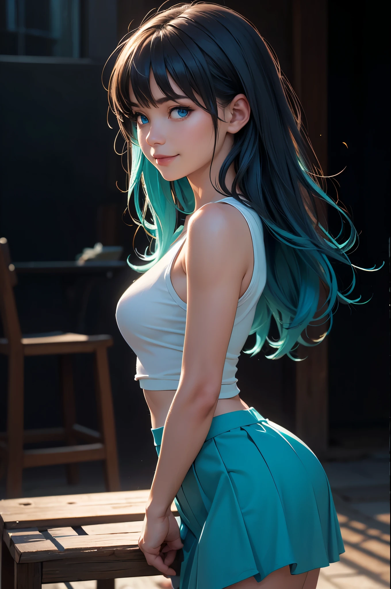 (Realistic:1.5), (breathtaking), atmospheric perspective, diffusion, lifelike skin texture, DSLR, 80mm Sigma f2, depth of field, film grain, intricate natural lighting, gorgeous sexy woman, (adult:0.7), (Aqua, Kono Suba style), blue eyes, light azure layered hair, full length photo, ultra short blue skirt hiding nothing, very small tight body top, perfect body, side-bottom view, detailed background, detailed face, (mysterious dark theme:1.1), smile, backlighting, magical atmosphere, looking to camera, hyperrealism, soft light, lucid colours, (sharp:1.2), (intricate details:1.1), hdr, bokeh