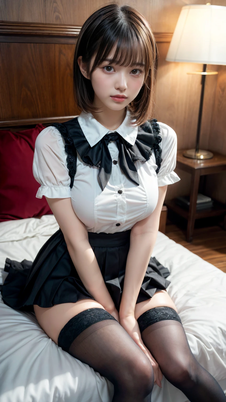 masterpiece, best quality, illustration, Super detailed, fine details, High resolution, 8K,wall paper, perfect dynamic composition,(Details High quality, realistic depiction of eyes:1.3), (collared shirt:1.1), pleated skirt, knee high socks, Lying down, large breasts, short bob hair, black hair color, Big Natural Color Lip, bold sexy pose, (perfect body shape), crying a little、Harajuku style、20 year old girl、cute type、ta、beautiful legs, hotel room, hposing Gravure Idol, Voluptuous thighs,(woman on top, straddling, sitting)