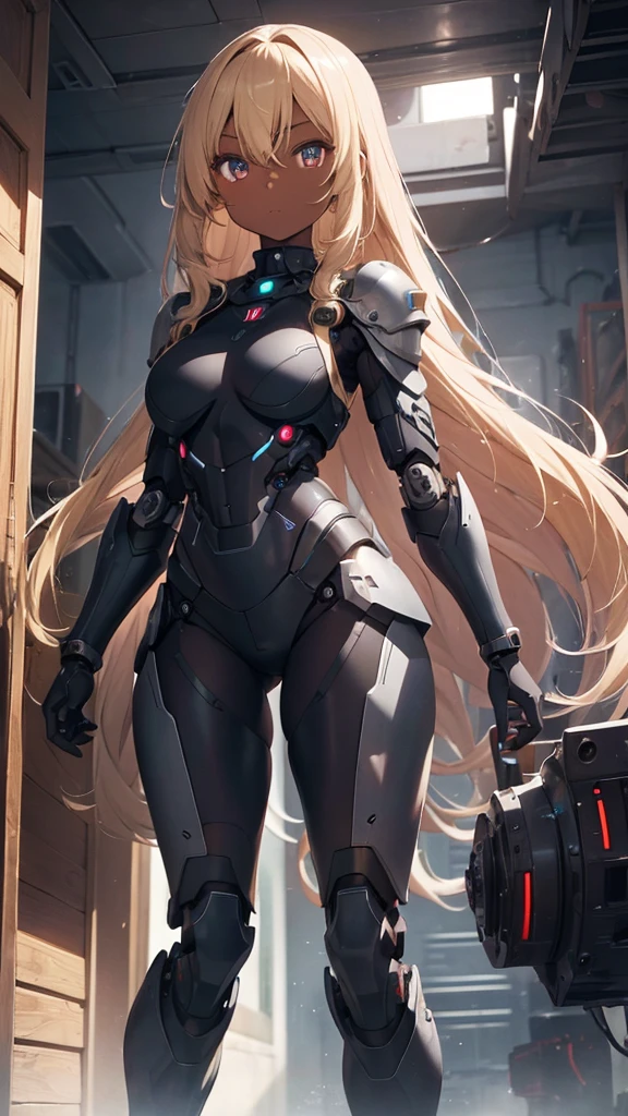 masterpiece, (dark skin), fullbody, [long hair], (blonde hair), young girl, each eye has one color, (robotic armor), (heavy body armor), mechanical legs, swat, futuristic