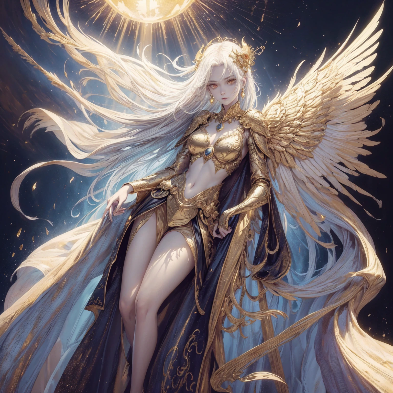 Art of Woman Wearing Sun Crown, Wearing a gorgeous golden breastplate that exposes a small amount of skin above the chest, Wearing a gorgeous golden dress, A pair of giant angel wings taller than the body spread out behind the woman., ancient goddess art, Sacredness. Very detailed, Mysterious inspiration, Inspiration from the Sun God, Religious inspiration, A divine background, Cold and snobbish face, Dangerous expressions, White hair, Standing pose floating in the air, One hand snapped its fingers while the other held a brilliant sphere as bright as the sun., Full body portrait, Gothic art style, Weird art style, Occult art, Aura of angels, contempt eyes, Divine light, Wide-angle lens, Upward Shot