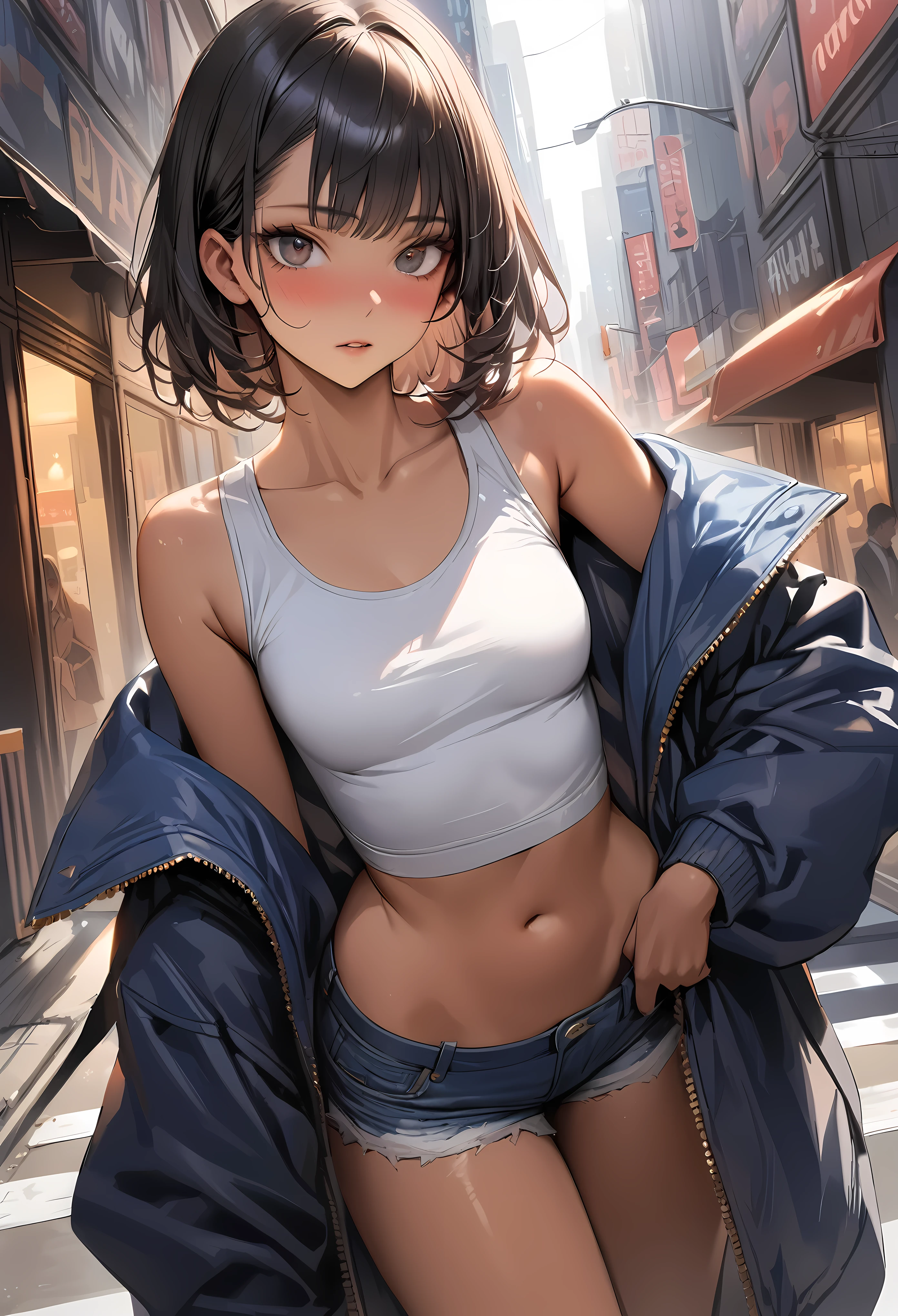 ((masterpiece,Highest quality:1.3,best quality illustration)),(realistic:1.2)、cowboy shot,solo,1woman,((Mature Beauty)),black hair,(very short shaggy hair),bangs,black eyes,(gorgeous big eyes),(very small head),blush,((very long body,skinny,slender body,tan skin)),((Navy blue baseball jacket)),small breasts,gleaming skin,oily skin,denim micro shorts,Wearing a white tank top and a blouson,on street,New York City、