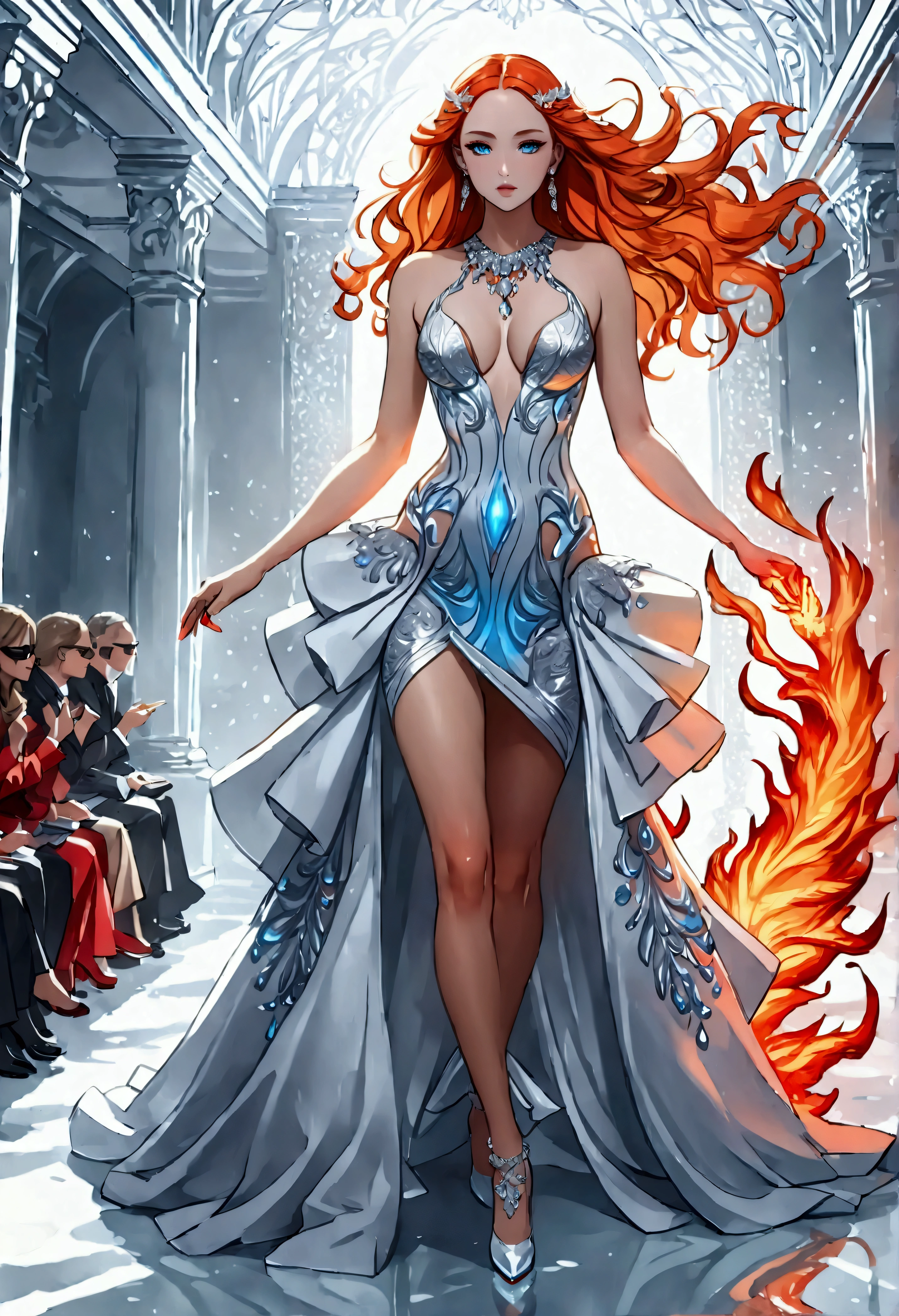 a glamour picture shot, of an elite model covered in fire walking on a icy catwalk, an extraordinary glamourous elite female model, ((full body: 1.5)),  ((anatomically correct: 1.5), (ultra detailed face: 1.2), best detailed face, orange hair, long hair, lush hair, glam hair cut, blue eyes, delicate face, light make up, wearing intricate detailed dress, glamour dress, haute couture dress, elite fashion dress, FireMagicAI,  small cleavage, wearing high heels, elegant high heels, she wears diamond necklace, she is covered in fire, she walks on an icy cat walk, image reflecting in the ice IceMagicAI, elite fashion show background, vibrant, Hyperrealism style, vibrant, Ultra-high resolution, High Contrast, (masterpiece:1.5), highest quality, Best aesthetics), best details, best quality, highres, ultra wide angle, 16k, [ultra detailed], masterpiece, best quality, (extremely detailed) RAW, chumbasket art style, photograph, photograph