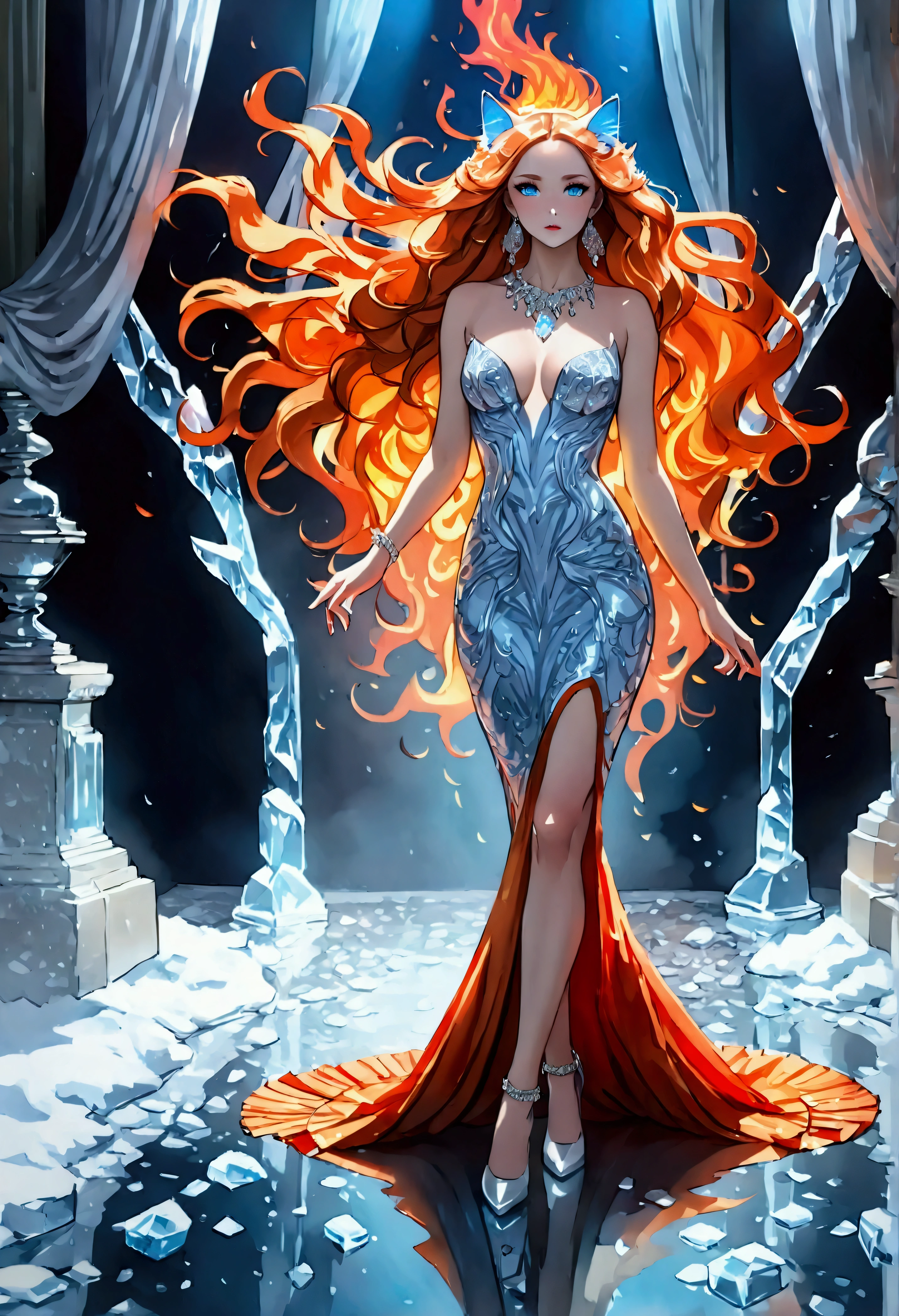 a glamour picture shot, of an elite model covered in fire walking on a icy catwalk, an extraordinary glamourous elite female model, ((full body: 1.5)),  ((anatomically correct: 1.5), (ultra detailed face: 1.2), best detailed face, orange hair, long hair, lush hair, glam hair cut, blue eyes, delicate face, light make up, wearing intricate detailed dress, glamour dress, haute couture dress, elite fashion dress, FireMagicAI,  small , wearing high heels, elegant high heels, she wears diamond necklace, she is covered in fire, she walks on an icy cat walk, image reflecting in the ice IceMagicAI, elite fashion show background, vibrant, Hyperrealism style, vibrant, Ultra-high resolution, High Contrast, (masterpiece:1.5), highest quality, Best aesthetics), best details, best quality, highres, ultra wide angle, 16k, [ultra detailed], masterpiece, best quality, (extremely detailed) RAW, chumbasket art style, photograph, photograph