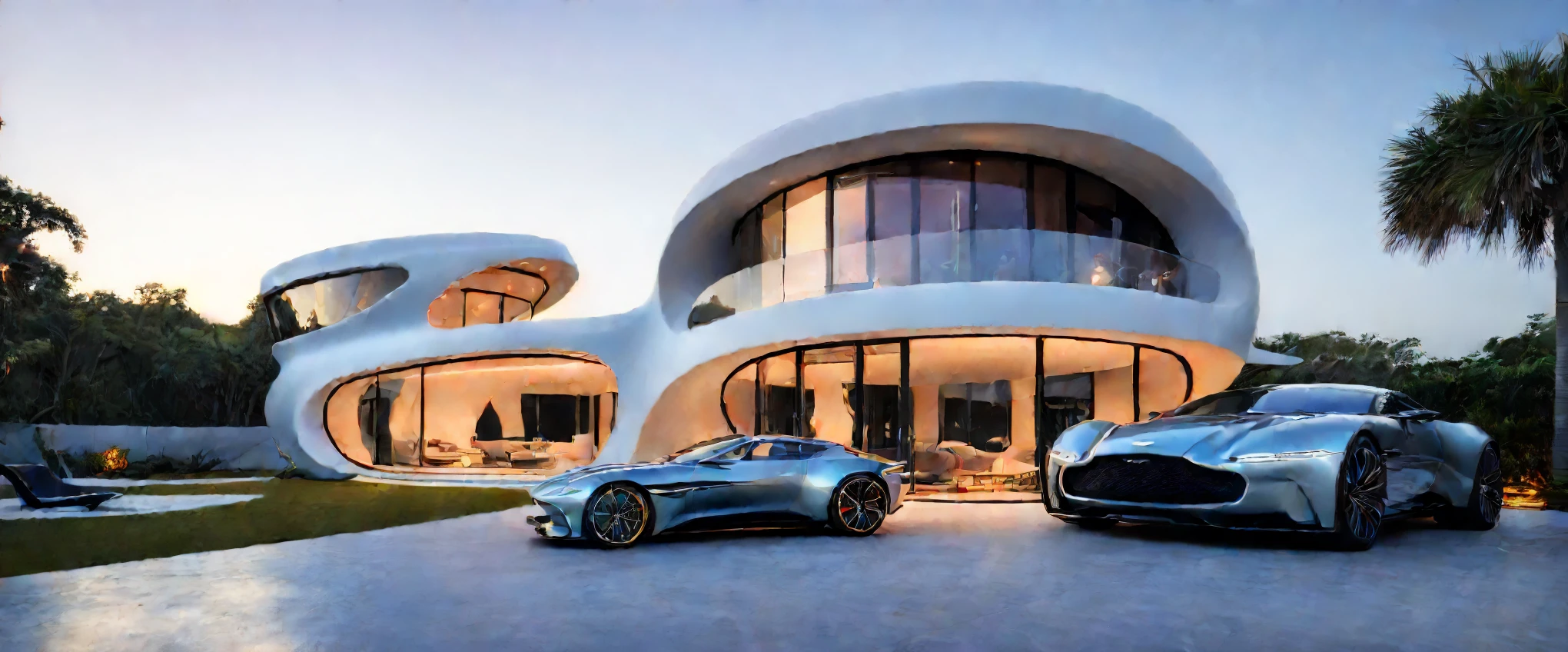 a futuristic house with an grey Aston Martin parked in front of it, cgsocietywlop, beautiful curves, intricate devilish designs, qualia, interesting shapes & form, wow factor, bioluminescent, colorfull, glow, fluid, glowingelaborate polished, architectural rendering, miami, orange soft lighting in interior of house, futuristic battlefield, inspired by James E. Brewton, precise architectural rendering