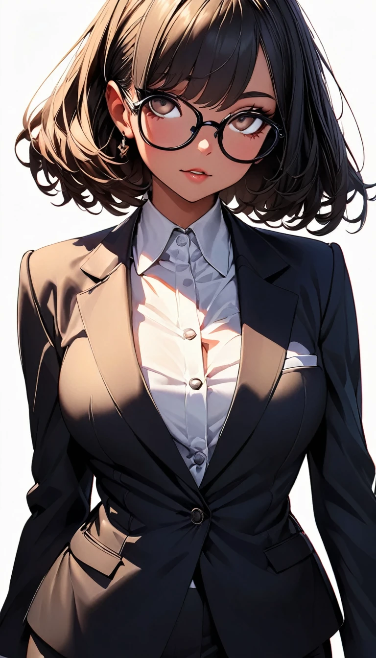 (highest quality:1.2, Very detailed, up to date, Vibrant, Ultra-high resolution, High Contrast, masterpiece:1.2, highest quality, Best aesthetics), Portraiture、girl、solo, ((25-years-old:1)), Bright colors、Beautiful fine details、Beautiful lip detail, (short hair:1)、black hair, ((Long bangs:1)), (messy hair:1), brown eyes, (thick black frame glasses:1.3), suit, speech, mike stand, ((slim body:0.6)), (big breast:0.7), (white background:1.5), ((no background)), (cowboy shot:1.8),facing viewer,