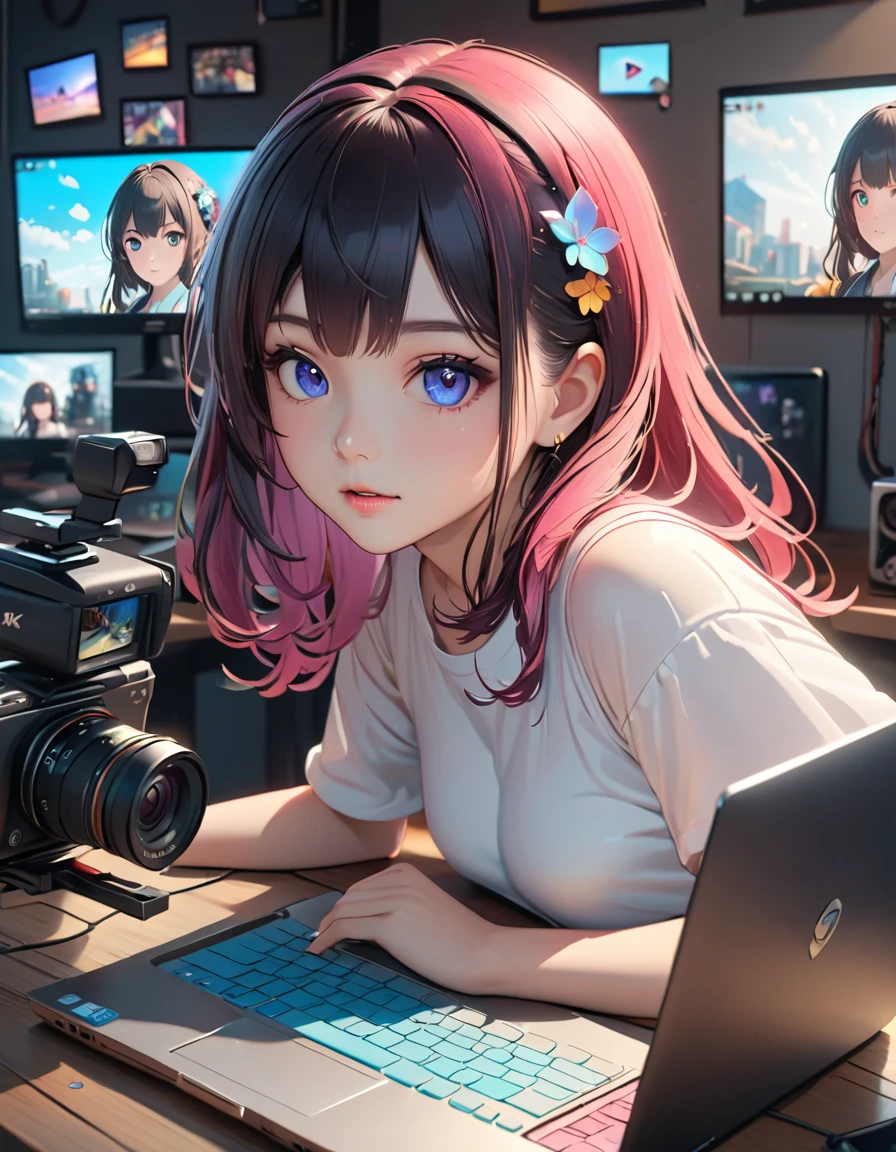 a cute anime girl in front of a laptop,camera and video recorder icons floating up, detailed face and eyes, beautiful detailed hair, highly detailed, 8k, photorealistic, cinematic lighting, vibrant colors, trending on artstation