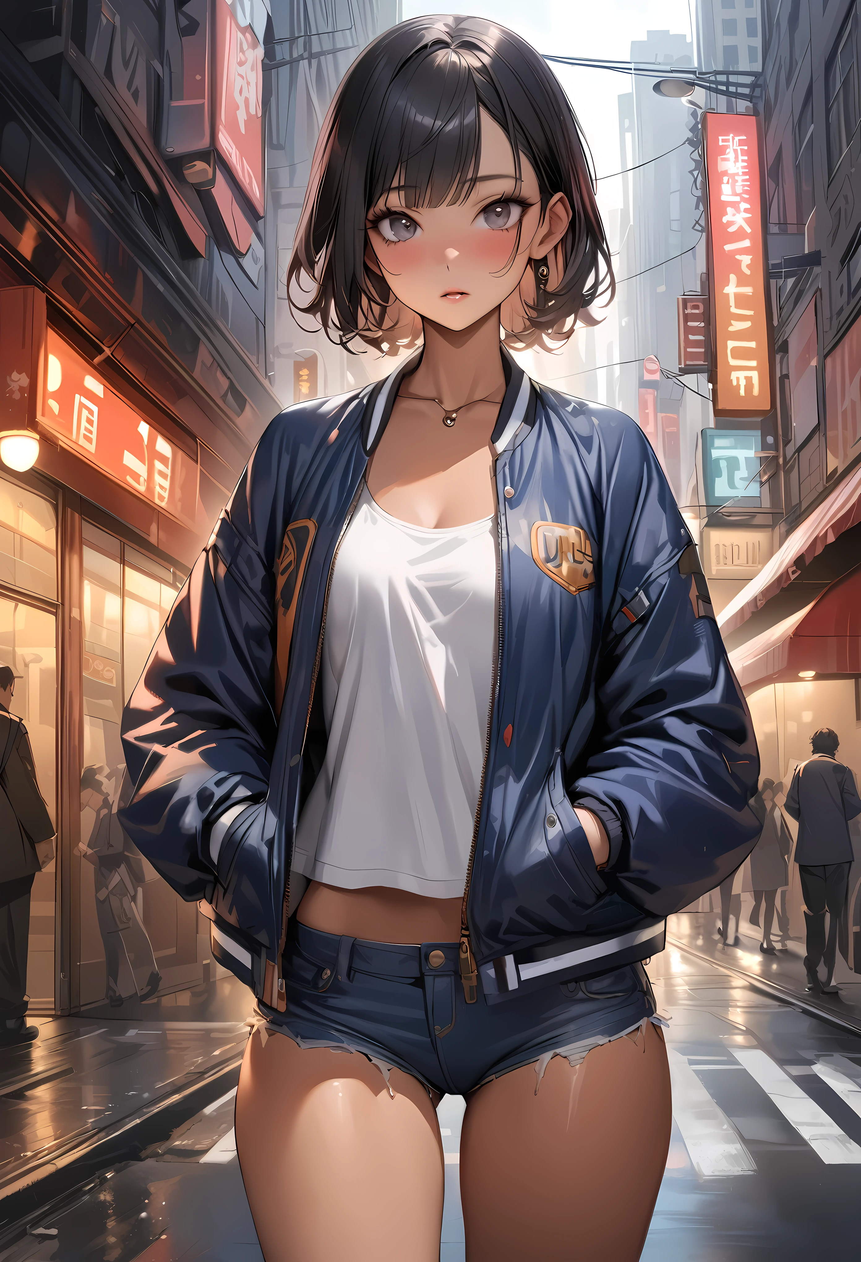((masterpiece,Highest quality:1.3,best quality illustration)),(realistic:1.2)、cowboy shot,solo,1woman,((Mature Beauty)),black hair,(short hair),bangs,black eyes,(gorgeous big eyes),(very small head),blush,((very long body,skinny,slender body,tan skin)),((Navy blue baseball jacket)),small breasts,gleaming skin,oily skin,denim micro shorts,Wearing a white tank top and a blouson,on street,New York City、