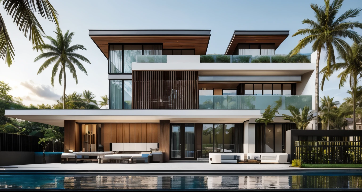 (masterpiece),(high quality), best quality, real,(realistic), super detailed,(full detail),(4k),8k,modern house exterior design,Modern architecture,white_house,Beautiful_sky,sunrise_light,(gentle light),((no_strong_contrast)), no_humans, outdoors,sky,((Tropical_trees)),Coconut_trees,Palm trees,Pool and Garden_flower_front_of_building,pool villa,(strong interior light),
