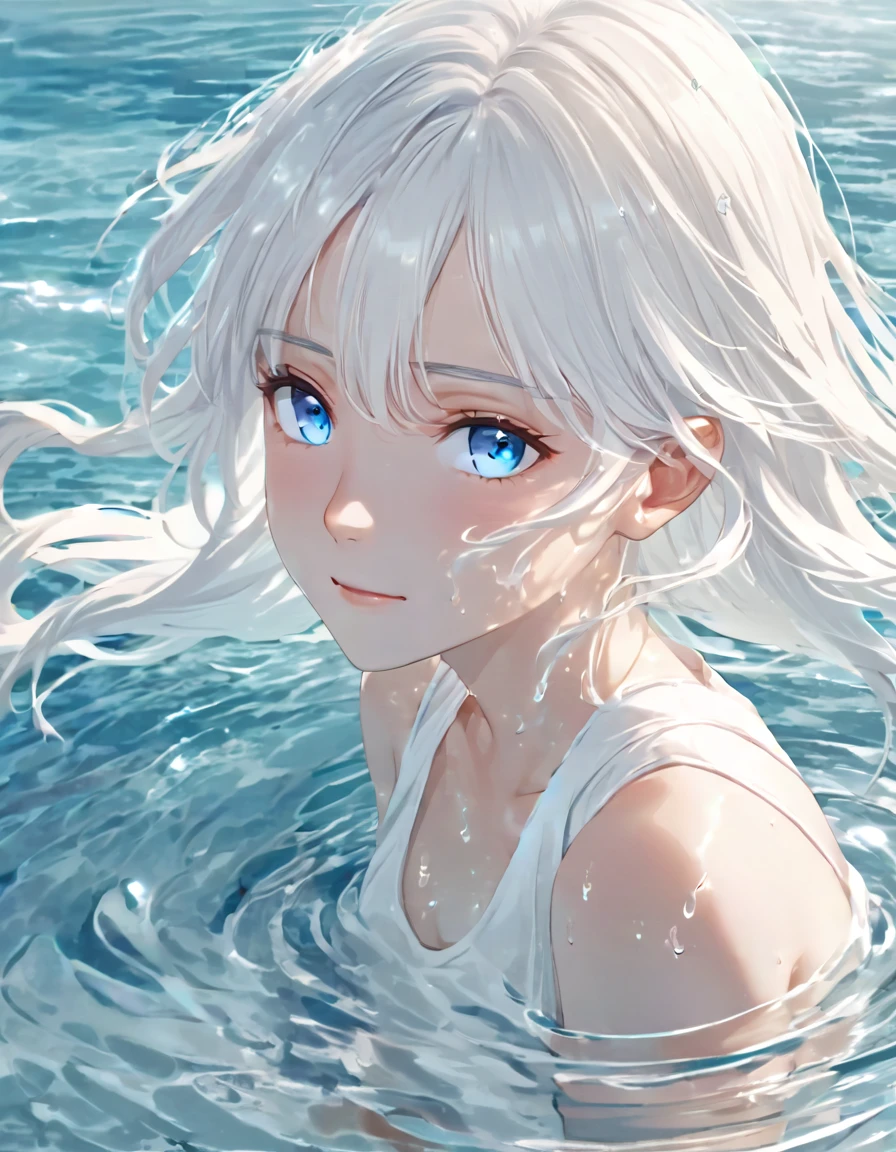 Anime style female character in water, (long  white hair:1.2), (Kind expression:1.1), blue colored eyes, white top, (rippling effect of water around the body:1.3), sunlight reflecting on the water, Clear sky, subtle splashes of water, high-resolution digital art, soft color palette, atmosfera tranquila, (serene ocean background:1.1), Realistic water texture
