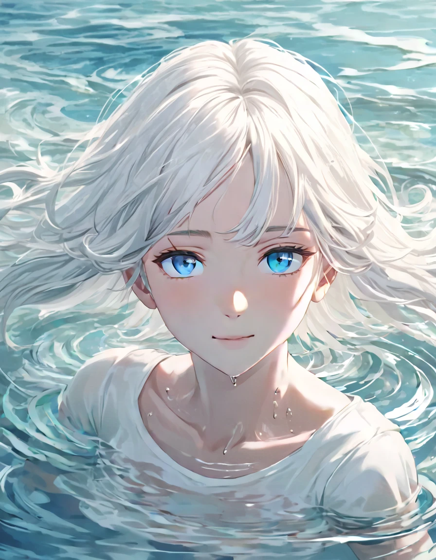 Anime style female character in water, (long  white hair:1.2), (Kind expression:1.1), blue colored eyes, white top, (rippling effect of water around the body:1.3), sunlight reflecting on the water, Clear sky, subtle splashes of water, high-resolution digital art, soft color palette, atmosfera tranquila, (serene ocean background:1.1), Realistic water texture
