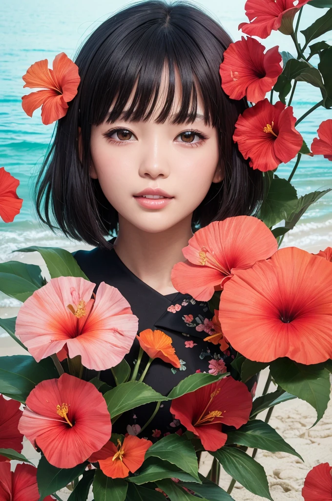 (masterpiece, best quality,ultra highres),flat color,(messy collage art),(1japanese Black-haired beauty, short hair,hibiscus, clear water beach,coral,dress),nostalgic melancholic artwork,magazine collage, inspired by Victo Ngai cmyk palette, contemporary artistic collage,BREAK beautiful detailed teeth, eyes with large brown irises, blunt bangs,small mouth, fresh lips,nose blush,joy,