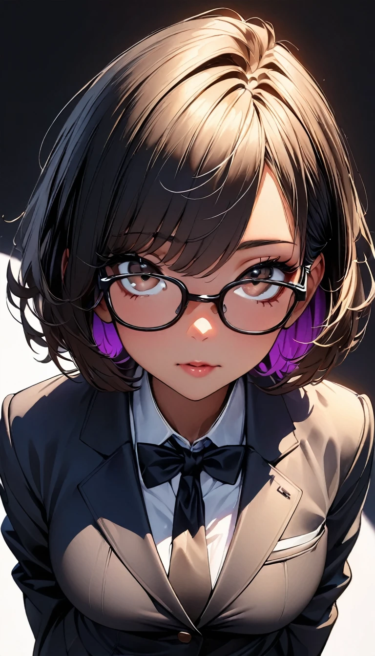 (highest quality:1.2, Very detailed, up to date, Vibrant, Ultra-high resolution, High Contrast, masterpiece:1.2, highest quality, Best aesthetics), Portraiture、girl、solo, ((25-years-old:1)), Bright colors、Beautiful fine details、Beautiful lip detail, short hair、black hair, ((Long bangs:1)), (messy hair:0.3), brown eyes, (thick black frame glasses:1.3), suit, looking up, ((slim body:0.6)), (big breast:0.7), (dark skin:0.5), (white background:1.5), ((no background)), (cowboy shot:1.6),facing viewer
