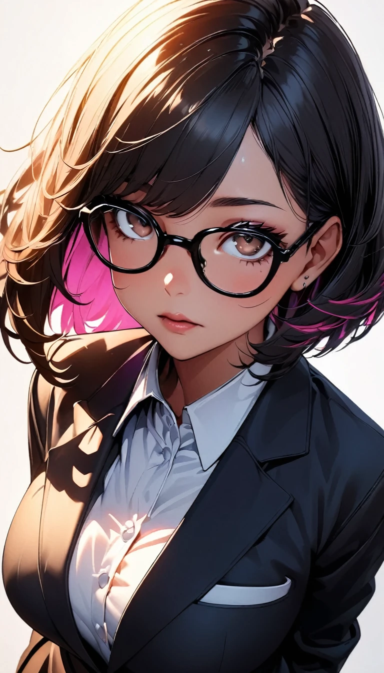 (highest quality:1.2, Very detailed, up to date, Vibrant, Ultra-high resolution, High Contrast, masterpiece:1.2, highest quality, Best aesthetics), Portraiture、girl、solo, ((25-years-old:1)), Bright colors、Beautiful fine details、Beautiful lip detail, short hair、black hair, ((Long bangs:1)), (messy hair:0.3), brown eyes, (thick black frame glasses:1.3), suit, looking up, ((slim body:0.6)), (big breast:0.7), (dark skin:0.5), (white background:1.5), ((no background)), (cowboy shot:1.6),facing viewer