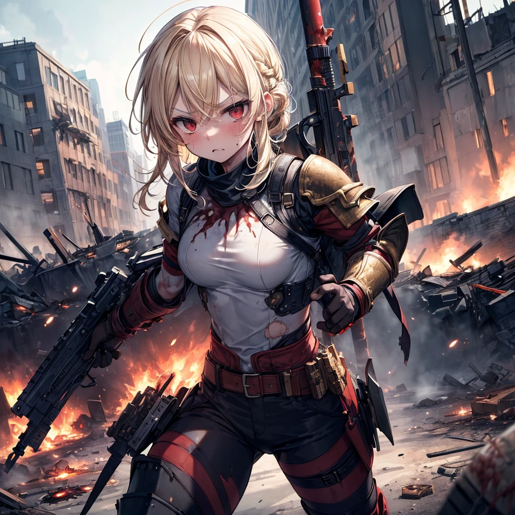 (masterpiece:1.5), (Highest quality), (Very detailed), (Very detailed), (One girl:1.2), (whole body:1.2), (Young girl), (Blonde), (Weapons in hand), (War battle scene), (Bloody atmosphere), (cigarette), (fire), (cadaver), (Chaotic Background), (explosion), (Torn clothing), (A look of determination), (Sweat and dirt), (I was injured), (Dynamic pose), (Broken Armor), (Burnt landscape), (Combat Stance), (Smoldering Wreckage), (inflammation:1.3), (Battle cry), (Sounds of War:1.1)