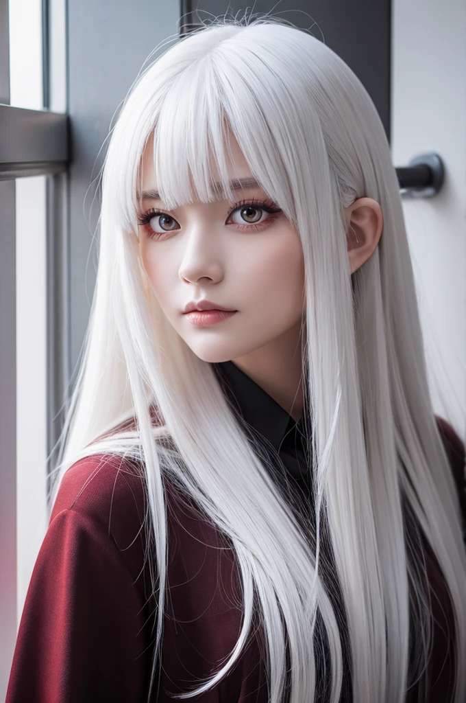Standing portrait, red eyes, white hair, long hair, front