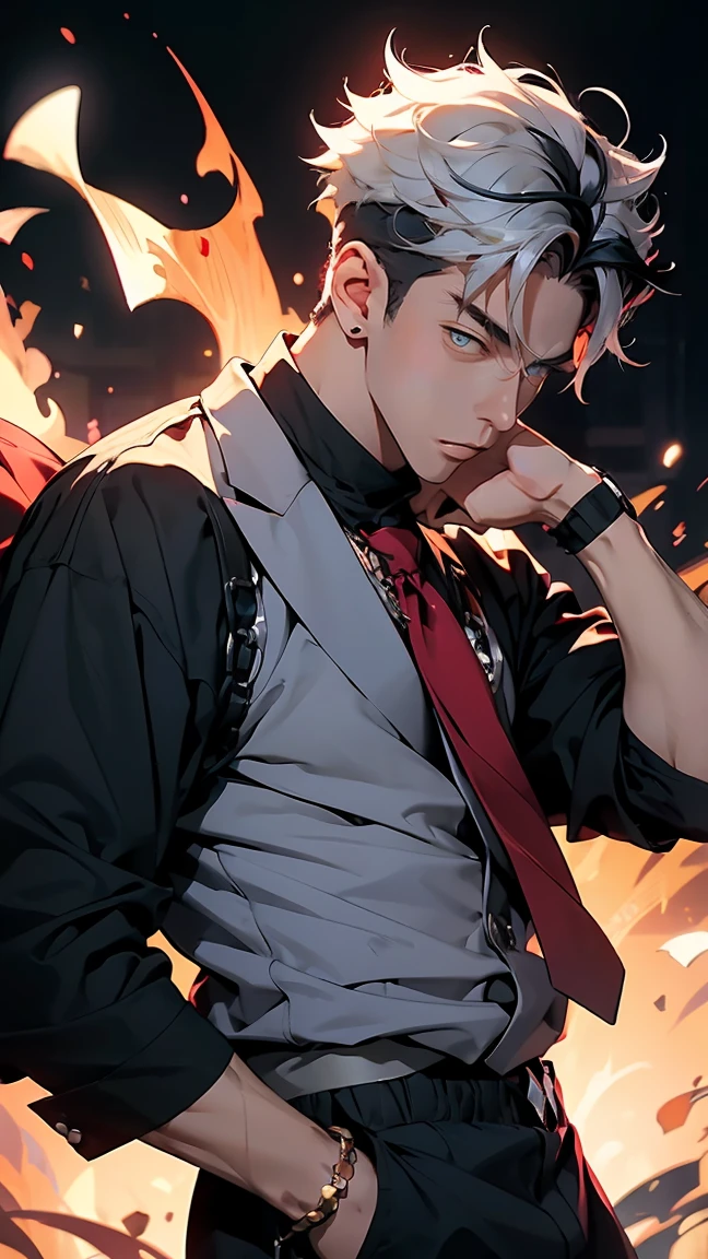 highest quality, 8K, high resolution image, anime style Jujutsu Kaisen, (Wriothesly/Genshin Impact), detailed strokes, bored look, blurry, purple light reflecting from it, (close angle), 1 man, young, male, model, Hand in pocket, Cool guy, multicolored background with different geometric shapes, around stickers, muscular, white hair, red eyes, multicolored hair, red hair, hair between eyes, highlighted hair, puffy chest. He is wearing a white Collared shirt, red tie, black fur coat on shoulders, sleeves rolled up and black sweatpants, black sweatpants and a gold link chain, sweatpants, background: big city, street