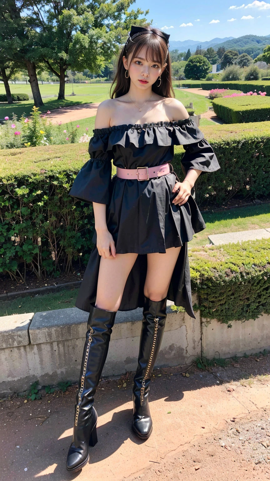 (8k、RAW Photos、Highest quality、masterpiece:1.2)、(Realistic、Realistic)、1 Girl、((mile、pink and black dress、Idol Costume、ガーターbelt、Off the shoulder、boots、garden、View from the front、Looking at the camera、belt、Hands on your hips))、cute