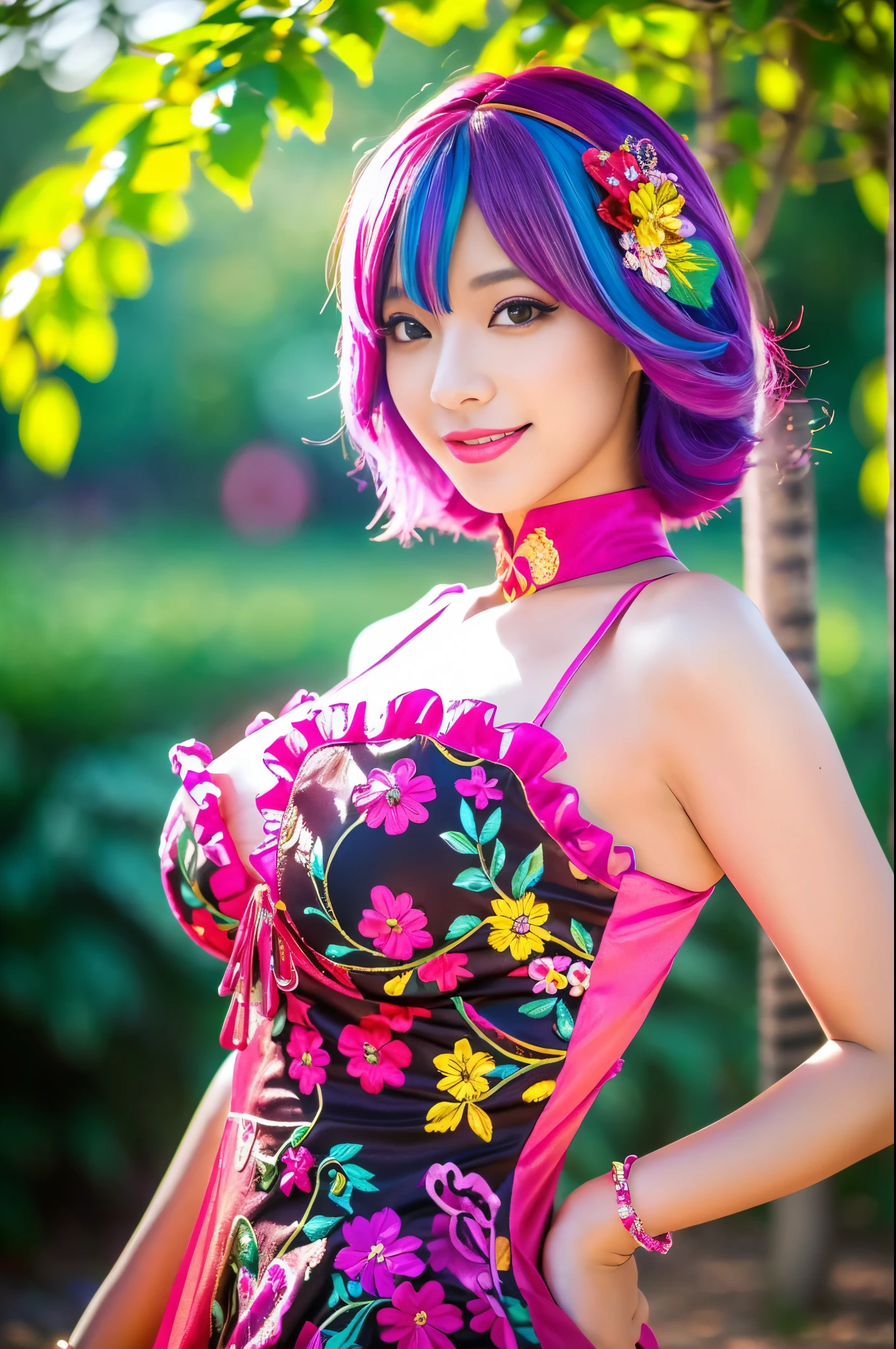 (masterpiece:1.4), (best quality:1.4), ultra high res, ultra high resolution, ((detailed facial features)), HDR, (realistic, photorealistic, photo-realistic:1.37), full body Esbian, sexy Thai model, (-anime), vivid colors, ((vivid colors multicolor (pink, fuchsia, purple) very short hair)), (happy smile), lip-gloss, long lashes, ultra detailed metallic makeup, defined eyebrows, wearing large sparkling colorful jewelery, wearing a red silk Paradise Kiss cosplay dress with black floral embroidery, ((vivid colors outfit)), vivid colors, look at the camera, cinematic light, large park background with trees, sweet and sexy pose