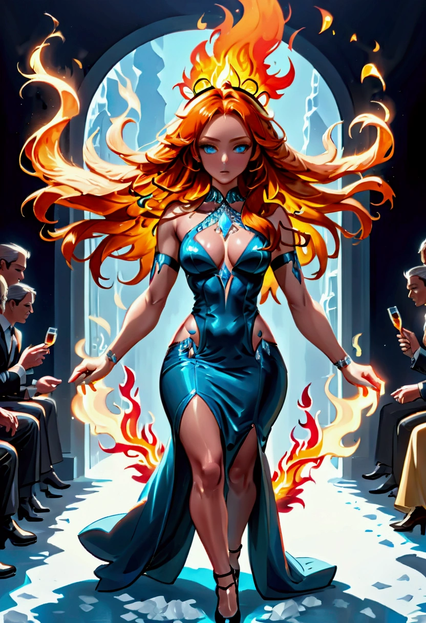 a glamour picture shot, of an elite model covered in fire walking on a icy catwalk, an extraordinary glamourous elite female model, ((full body: 1.5)),  ((anatomically correct: 1.5), (ultra detailed face: 1.2), best detailed face, orange hair, long hair, lush hair, glam hair cut, blue eyes, delicate face, light make up, wearing intricate detailed dress, glamour dress, haute couture dress, elite fashion dress, FireMagicAI,  small cleavage, wearing high heels, elegant high heels, she wears diamond necklace, she is covered in fire, she walks on an icy cat walk, image reflecting in the ice IceMagicAI, elite fashion show background, vibrant, Hyperrealism style, vibrant, Ultra-high resolution, High Contrast, (masterpiece:1.5), highest quality, Best aesthetics), best details, best quality, highres, ultra wide angle, 16k, [ultra detailed], masterpiece, best quality, (extremely detailed) RAW, chumbasket art style, photograph, photograph