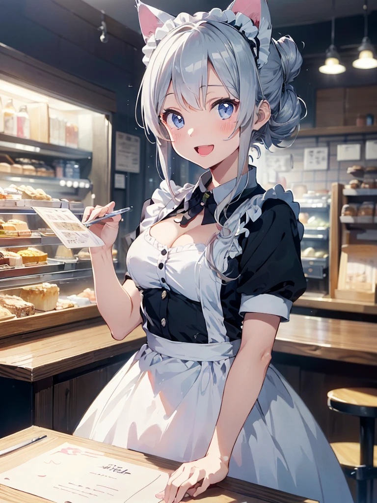 (cute illustration:1,2),(absurdes現実的な構造の詳細),(High resolution for intricate and detailed text quality),(High resolution microstructure、High poly 3 d rendering correction),geometric method,detailed anatomy explanation,
sit、girl sitting、small cleavage、
BREAK,
1 beautiful girl, 1girl in, (cute:1.5),(nice:0.8), (beauty:1.5),(Little:0.5), (s old girl), (girl, Sister, Not clear, beautiful face of japan:1.2) BREAK, (detailed eye,Tree eyes:1.2),(silver hair,long hair tied up in a bun,deco:1.8), Star eyes silhouette thick eyelashes, double eyelid:1.2), cleavage, ,swaying breasts, beautiful skin, beautiful skin, shy, upright ,beautiful skin, beautiful skin, shy, glowing skin,(top quality face),(top quality sparkling eyes),(best smile,:d:1.45), BREAK (Pink Theme:1.4), (Bright colors:1.3), A cafe with girls wearing maid outfits and cat ear headbands.,
BREAK,(evening), Are standing,closed mouth,(architecture, Cafe,cat maid,table,over the counter,working cat ear maid,Menu on the table:1.55), waterfall,depth of the bounds written,
BREAK,Seaweed,Seaweed,Seaweed,(dynamic angle:1.4),
BREAK,(blurred background:1.3),(absurdes, High resolution, super detail art),cel shading,clear color, lonely optical effect, beautiful photo, bright shine, mysterious atmosphere,(Close-up of girl:1.1), mysterious light particle effect,Manga influence, beautiful line drawing,