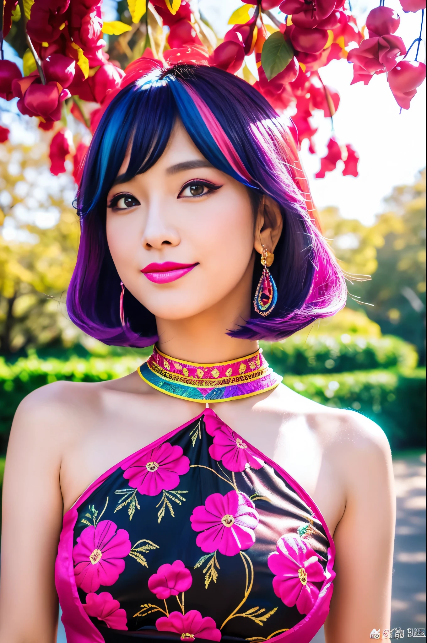 (masterpiece:1.4), (best quality:1.4), ultra high res, ultra high resolution, ((detailed facial features)), HDR, (realistic, photorealistic, photo-realistic:1.37), full body Esbian, sexy Thai model, (-anime), vivid colors, ((vivid colors multicolor (pink, fuchsia, purple) very short hair)), (happy smile), lip-gloss, long lashes, ultra detailed metallic makeup, defined eyebrows, wearing large sparkling colorful jewelery, wearing a red silk Paradise Kiss cosplay dress with black floral embroidery, ((vivid colors outfit)), vivid colors, look at the camera, cinematic light, large park background with trees, sweet and sexy pose