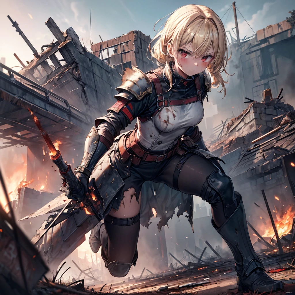 (masterpiece:1.5), (Highest quality), (Very detailed), (Very detailed), (One girl:1.2), (whole body:1.2), (Young girl), (Blonde), (Weapons in hand), (War battle scene), (Bloody atmosphere), (cigarette), (fire), (cadaver), (Chaotic Background), (explosion), (Torn clothing), (A look of determination), (Sweat and dirt), (I was injured), (Dynamic pose), (Broken Armor), (Burnt landscape), (Combat Stance), (Smoldering Wreckage), (inflammation:1.3), (Battle cry), (Sounds of War:1.1)