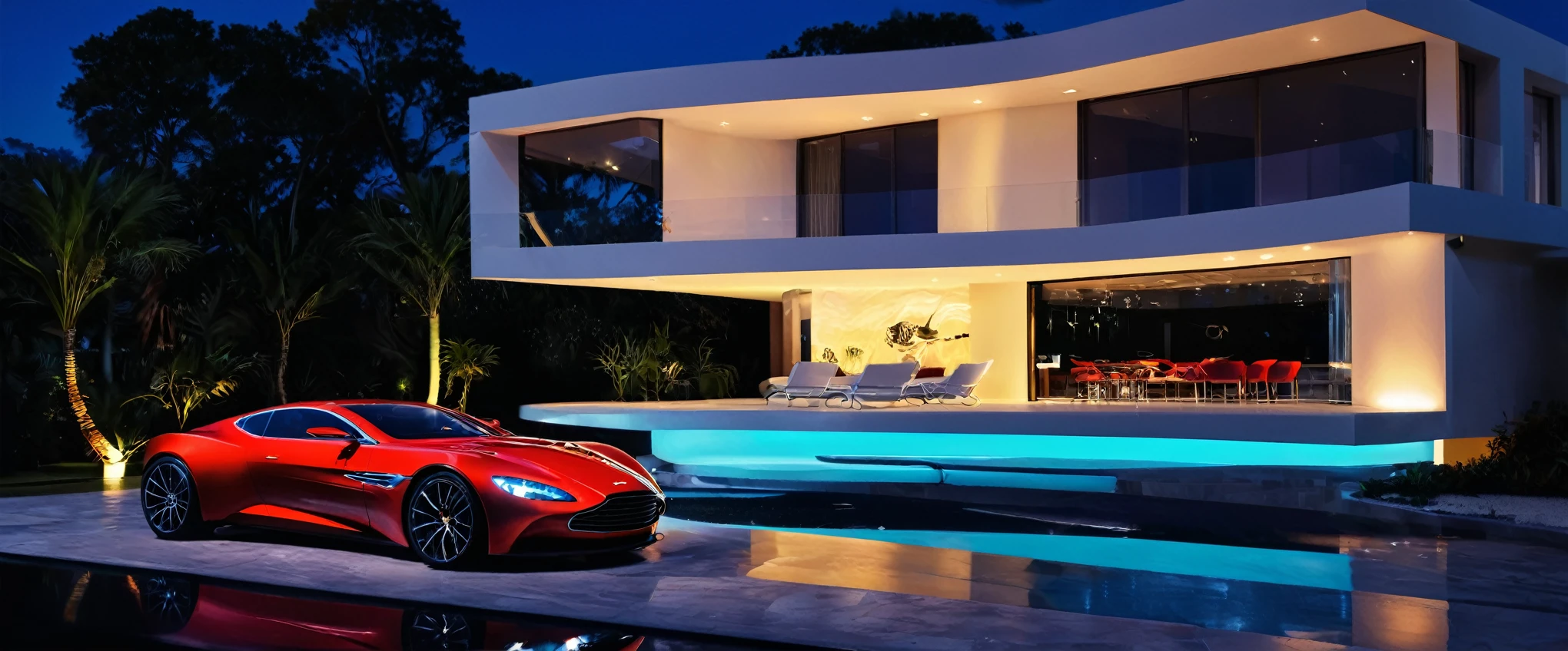 a futuristic house with an red Aston Martin parked in front of it, cgsocietywlop, beautiful curves, intricate devilish designs, qualia, interesting shapes & form, wow factor, bioluminescent, colorfull, glow, fluid, glowingelaborate polished, architectural rendering, miami, orange soft lighting in interior of house, futuristic battlefield, inspired by James E. Brewton, precise architectural rendering