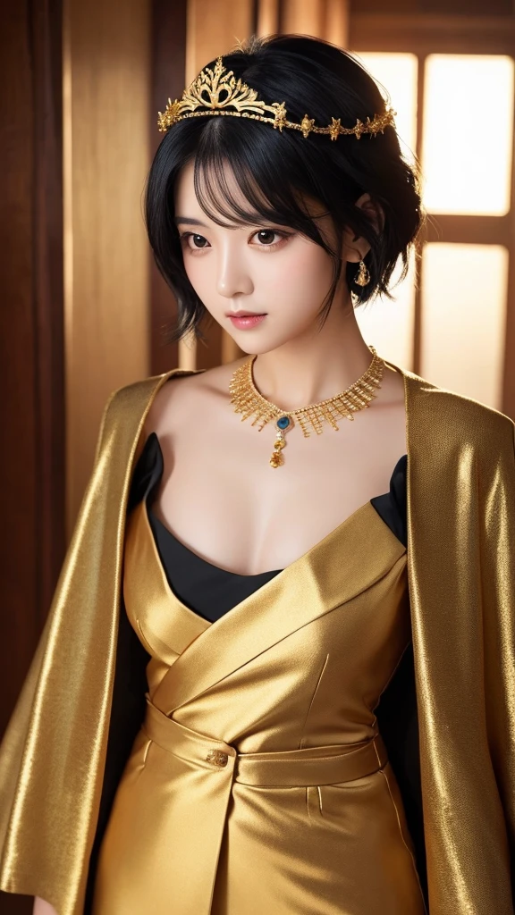 goddess Black Hair short hair crown accessories Golden suit Collarbone is hidden