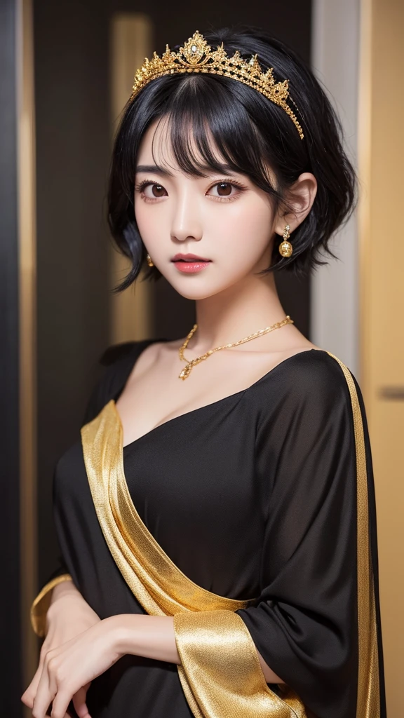 goddess　Black Hair　short hair　crown　accessories　Golden suit　Collarbone is hidden