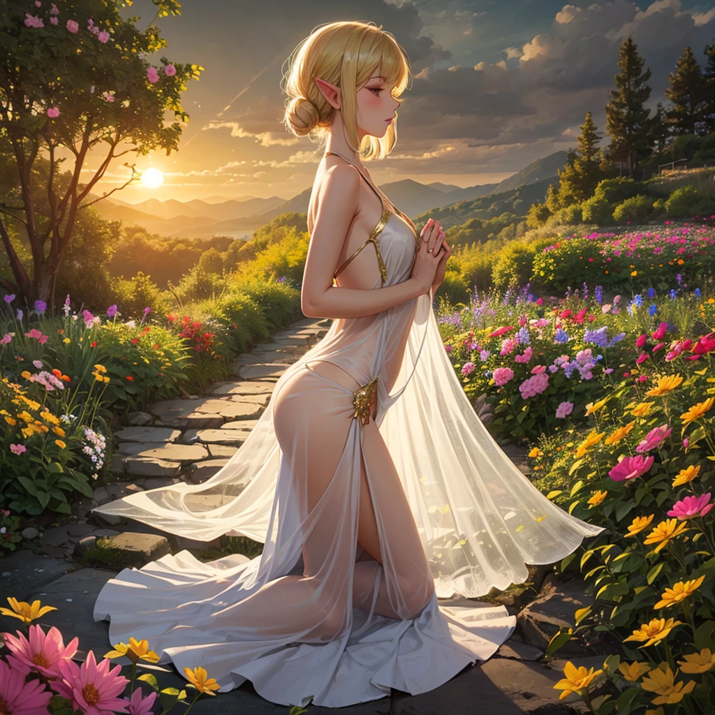 A sun elf, wearing only a sheer golden silk negligee greets the dawn kneeling and praying on a high mountain flower garden