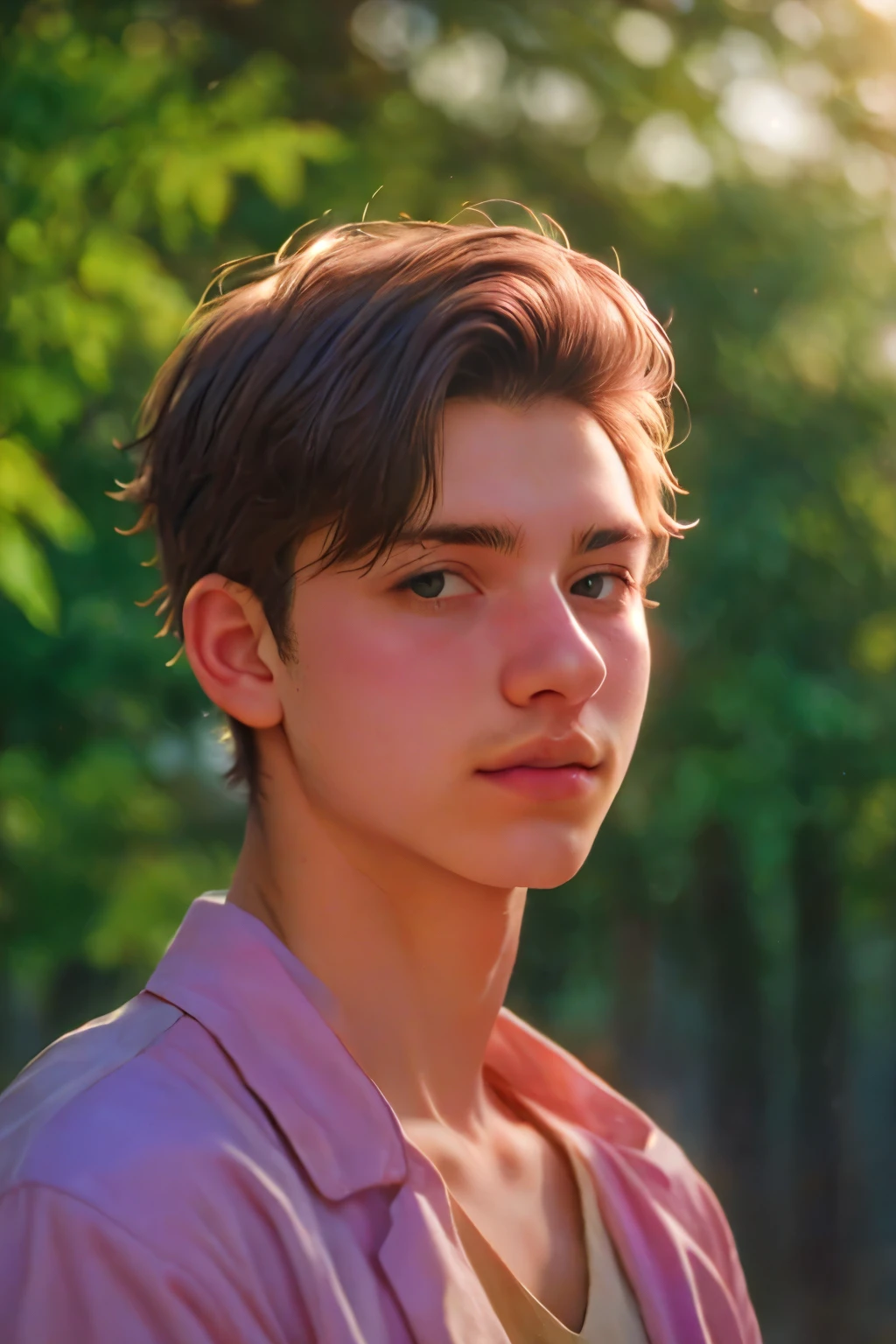 Handsome twink Portrait, shot on leica, shadowplay, gorgeous lighting, subtle pastel hues, outdoors ,solo,pretty, bright face,medium shot,very  thin slight moustached twink ,strong jawline model ,pinkesh face , blush,19 years old 